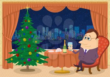 Respectable Gentleman Sitting Near Table and Celebrating Christmas in Restaurant with Firtree and View on Night City, Holiday Cartoon Character. Eps10, Contains Transparencies. Vector