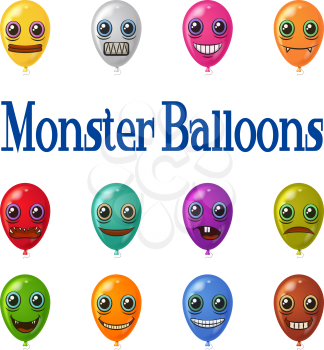 Set of Colorful Heart Shaped Balloons with Monster Faces, Cute Funny Characters for Your Design, Isolated on White Background. Eps10, Contains Transparencies. Vector