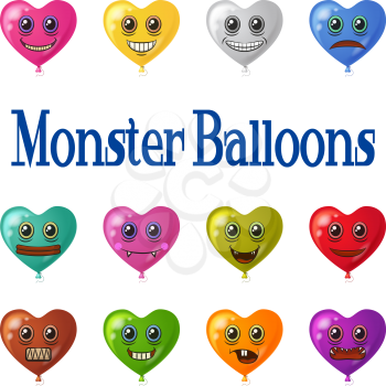 Set of Colorful Heart Shaped Balloons with Monster Faces, Cute Funny Characters for Your Design, Isolated on White Background. Eps10, Contains Transparencies. Vector