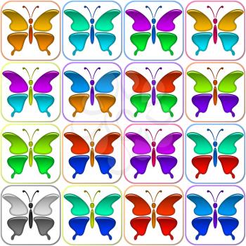 Set of Glossy Icons Butterflies with Colorful Wings, Isolated on White Background. Eps10, Contains Transparencies. Vector