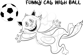 Cartoon Cat, Funny Pet, Smiling and Jumping for a Soccer Ball, Black Contour Illustration Isolated on White Background. Vector