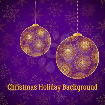 Holiday Christmas Background, Golden Decorated Balls on Violet Pattern with Snowflakes, Illustration for Your Design. Eps10, Contains Transparencies. Vector