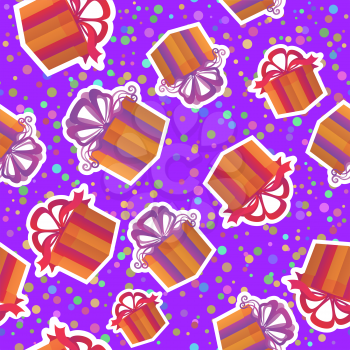 Holiday Colorful Seamless Background with Gift Fancy Boxes and Confetti. Tile Pattern for Your Design. Eps10, Contains Transparencies. Vector