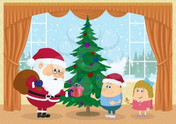 Santa Claus with a bag giving gift box to boy and girl near fir tree in room with view on snowy forest, Christmas holiday illustration, funny cartoon characters. Eps10, contains transparencies. Vector