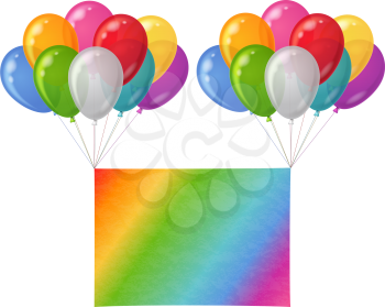 Two bunches of colorful balloons of various colors flying with sheet of rainbow paper for holiday design. Eps10, contains transparencies. Vector