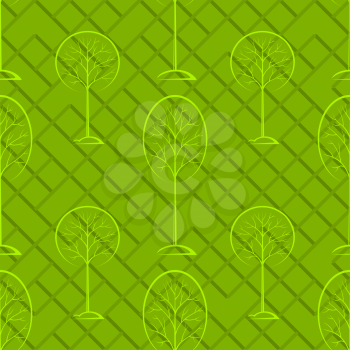 Seamless Background with Woodland Landscape, Forest, Trees Pictograms, Green Tile Pattern for Your Design. Vector