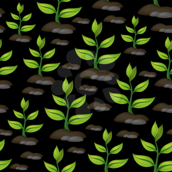 Tile Pattern with Abstract Symbolical Plants with Green Leaves Growing out of the Rocky Ground, Isolated on Black Background. Eps10, Contains Transparencies. Vector