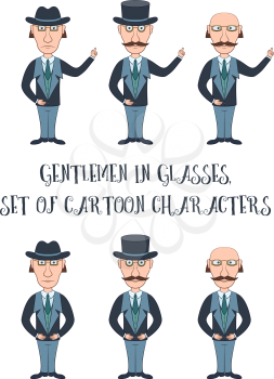 Strict Slender Gentleman in Glasses, Hat and Business Suit Points with His Hand at Your Text or Image. Set of Funny Cartoon Characters for Your Design, Isolated on White Background. Vector