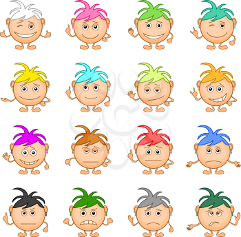 Set of Smilies, Funny Girls with Colorful Hair, Cartoon Icons Symbolising Various Human Emotions and Moods. Vector