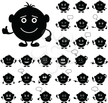 Smilies, set of round black and white characters, symbolising various human emotions. Vector