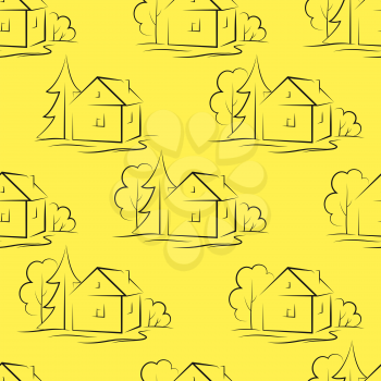 Seamless Pattern with Black Pictogram Country Houses and Trees on Tile Yellow Background. Vector