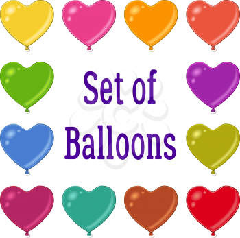 Set of Holiday Heart Shaped Balloons of Various Colors, Isolated on White Background, Elements for your Design. Vector