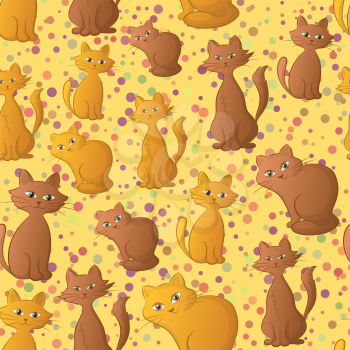 Seamless Background with Cartoon Brown and Red Cats and Confetti, Tile Pattern for Your Design. Vector