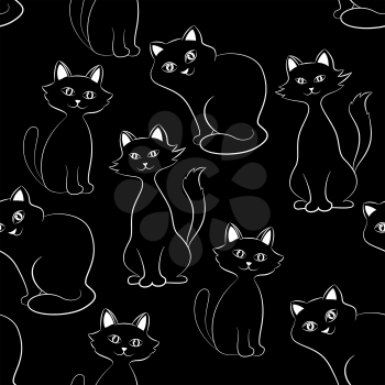 Seamless Background with Black Silhouette Cartoon Cats, Tile Pattern for Your Design. Vector