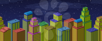 Background with View of Megapolis City. Horizontal Seamless Urban Landscape with Colorful Cartoon Skyscrapers and Dark Night Sky. Eps10, Contains Transparencies. Vector