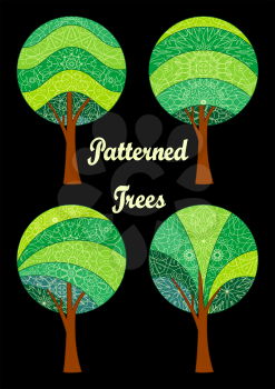 Set of Abstract Green Patterned Forest Trees on Black Background, Elements for your Design. Vector