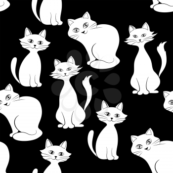 Seamless Background with White Contour and Silhouettes Cartoon Cats on Black, Tile Pattern for Your Design. Vector