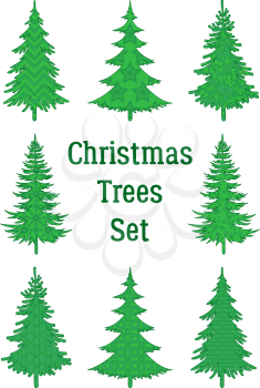Set of Green Holiday Christmas Trees, Winter Symbols with Patterns, Isolated on White. Vector