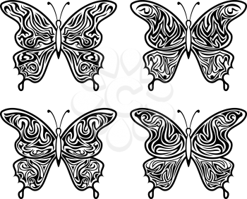 Black Contour Butterflies with Open Pattern Wings, Isolated on White. Vector