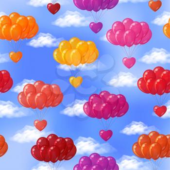 Valentine Seamless Background, Bundles of Festive Colorful Balloons with Hearts Flying in Blue Sky with White Clouds. Eps10, Contains Transparencies. Vector