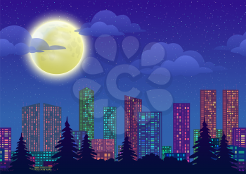 Urban Background, Night Cityscape with Skyscrapers, Clouds and Big Bright Moon in Blue Starry Sky. Vector