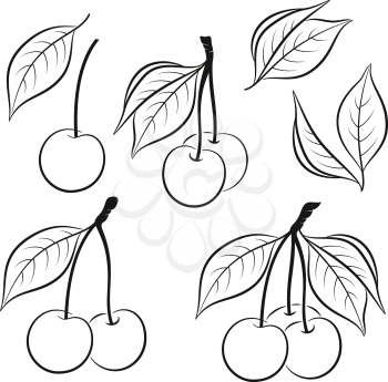 Set of Cherry, Berries and Leaves, Black Pictograms Isolated on White. Vector