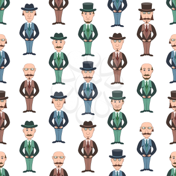 Seamless Background with Strict Slender Gentleman in Glasses, Hat and Business Suit, Funny Cartoon Characters. Tile Pattern for Your Design. Vector