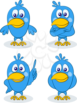 Blue Cartoon Birds, Little Pigeons with Different Emotions. Vector