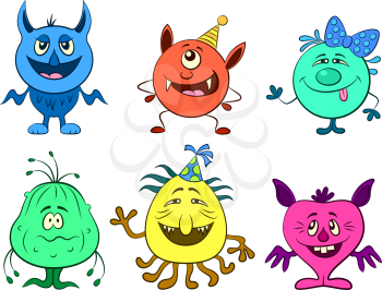 Set of Cute Different Cartoon Monsters, Colorful Characters in Holiday Caps, Elements for your Design, Prints and Banners, Isolated on White Background. Vector