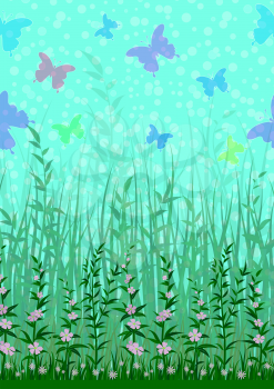 Colorful Flying Butterflies on Sky above Green Grass and Flowers. Nature Landscape Background, Tile Pattern for Your Design. Eps10, Contains Transparencies. Vector