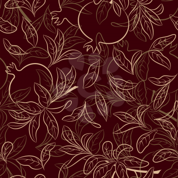 Seamless Nature Background with Pictogram Pomegranates Fruits and Leaves on Brown. Vector