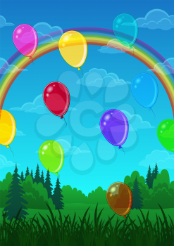 Landscape Background, Colorful Balloons Over the Green Summer Forest, Blue Sky with Bright Rainbow and White Clouds. Eps10, Contains Transparencies. Vector