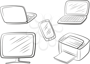 Group of Computer Equipment Icons. Monitor, Printer, Laptop and Smartphone. Office Digital Electronics. Black Pictograms Isolated on White. Vector