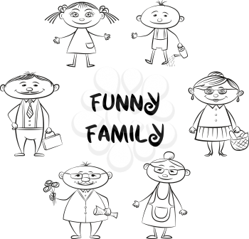 Funny Family, Set of Cartoon Characters Mother, Father, Son, Daughter, Grandfather, Grandmother Black Contours Isolated on White. Vector