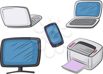 Group of Computer Equipment Icons. Monitor, Printer, Laptop and Smartphone. Office Digital Electronics, Isolated on White. Vector