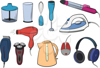 Group of Technical Equipment Icons Isolated on White Shaver, Iron, Hair Dryer, Blender, Kettle, Headphones and Computer Mouse. Vector