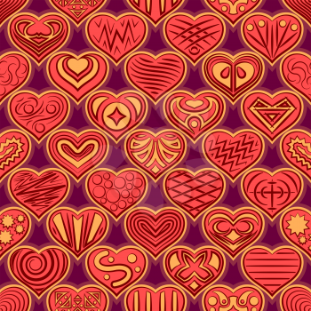 Valentine Holiday Seamless Background, Hearts with Abstract Pattern. Vector