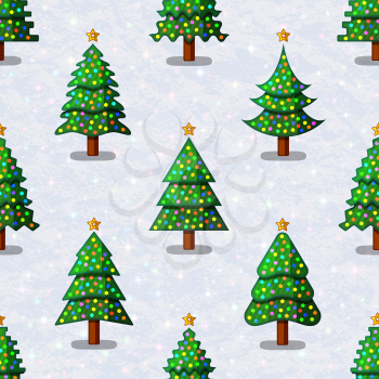 Christmas Seamless Background for Holiday Design, Green Fir Trees with Stars and Decoration, Tile Holiday Pattern. Vector