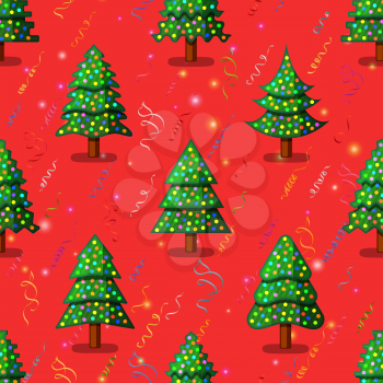 Christmas Seamless Background for Holiday Design, Green Fir Trees with Decoration, Red Tile Holiday Pattern with Stars and Serpentine. Vector