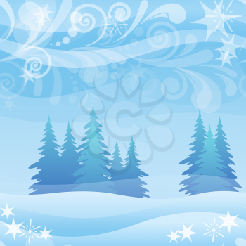 Christmas Holiday Landscape, Background for Holiday Design, Blue Winter Forest with Fir Trees, Snow, Sky, Abstract Pattern and Stars. Vector