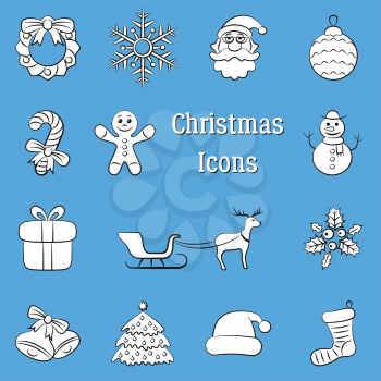 Set Cartoon Pictogram, Signs for Christmas Holiday Design, Black Isolated Contours. Vector