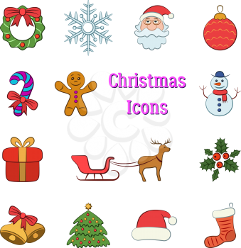 Set Cartoon Objects, Colorful Signs for Christmas Holiday Design. Vector