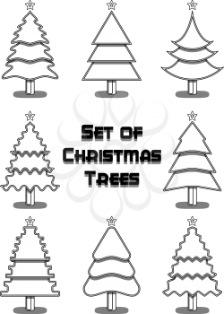 Set of Christmas Trees, Fir Trees with Stars Black Contours, Winter Holiday Symbols Isolated on White. Vector