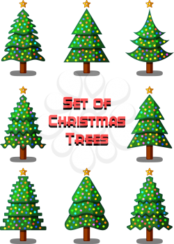 Set of Christmas Fir Trees with Holiday Decorations and Stars, Winter Symbol, Isolated on White. Vector
