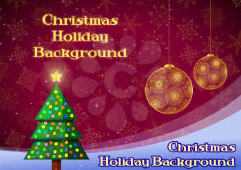 Christmas Background with Fir Tree, Holiday Decoration, Snowflakes and Stars. Vector
