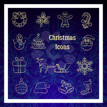 Set Cartoon Pictogram, Signs for Christmas Holiday Design, White Contours on Blue Background. Vector