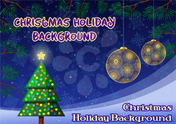Christmas Background with Fir Tree, Holiday Decoration, Branches, Snowflakes and Stars. Vector