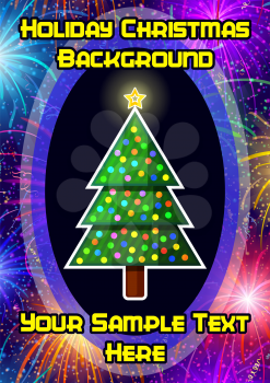 Christmas Background, Fir Tree with Holiday Decoration, Star and Frame with Fireworks Pattern. Vector