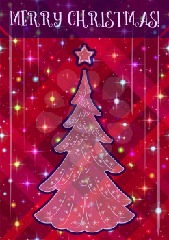 Christmas Holiday Background, Fir Tree with Snowflakes And Abstract Red Geometric Pattern with Stars. Vector