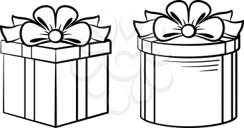 Gift Boxes Square and Round Forms with Bows, Black Contours Isolated on White. Vector